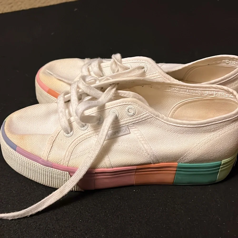 Superga White Canvas Platform Sneakers with Subtle Rainbow Trim